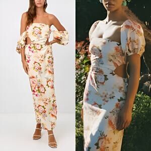 La Porte Detachable Sleeve Side Cutout Linen Floral Maxi Dress Peach Size Small